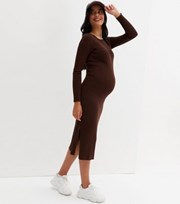 New Look Maternity Dark Brown Ribbed Fine Knit Long Sleeve Midi Dress